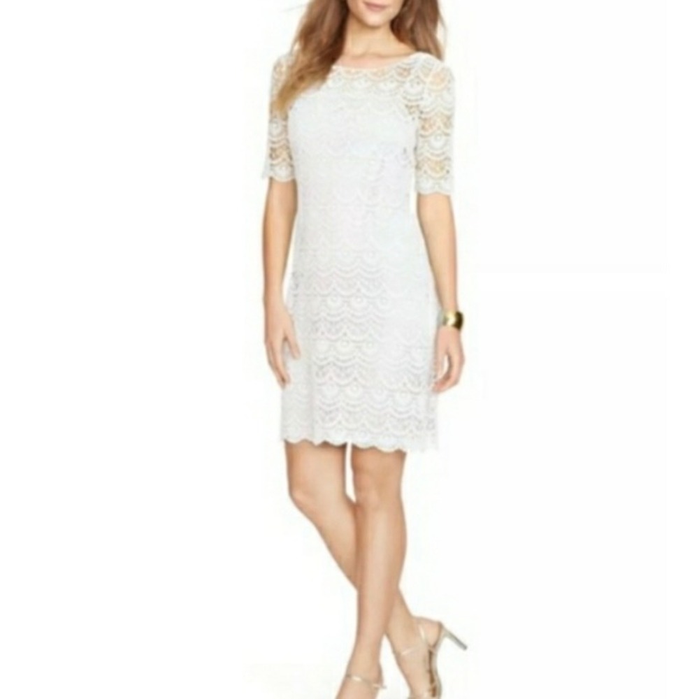 Lauren Ralph Lauren White Crochet Lace Sheath Dress Short Sleeve Cotton Size L